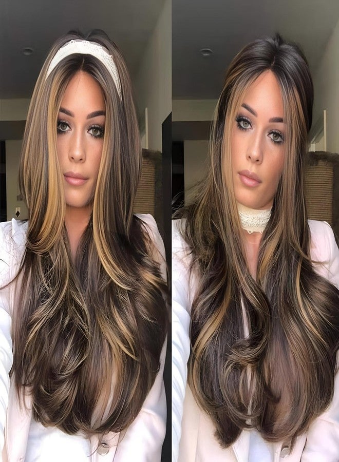 JOUKAYEA Long Wavy Ombre Honey Blonde Brown Wig for White Black Women, Synthetic Beach Loose Body Wave Brunette Hair Wig, Dark Root Natural Looking Realistic Ladies Sexy Blond Highlights Wigs - Image 2